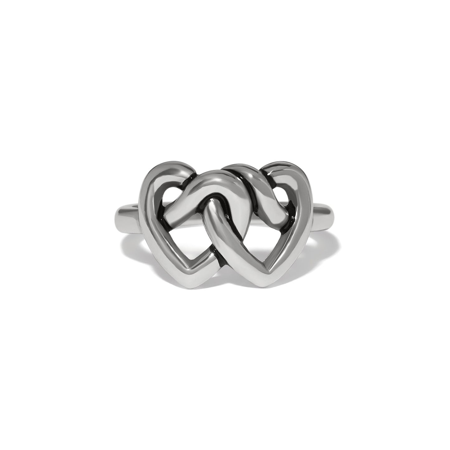 Brighton ring with two interlocking open hearts in silver-plated finish on a white background