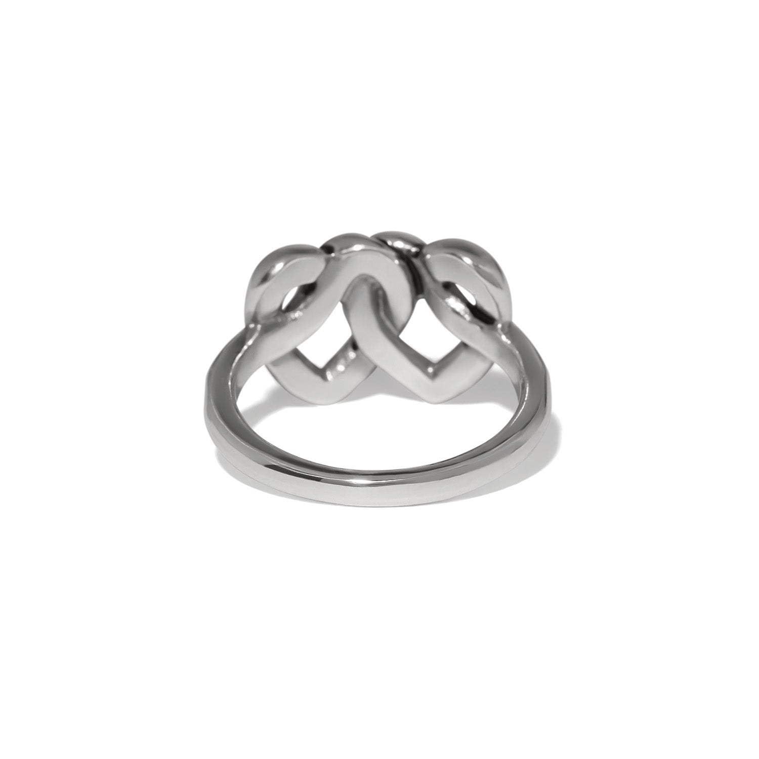 Brighton ring shown from the back with silver-plated interlocking loop design and polished band on a white background