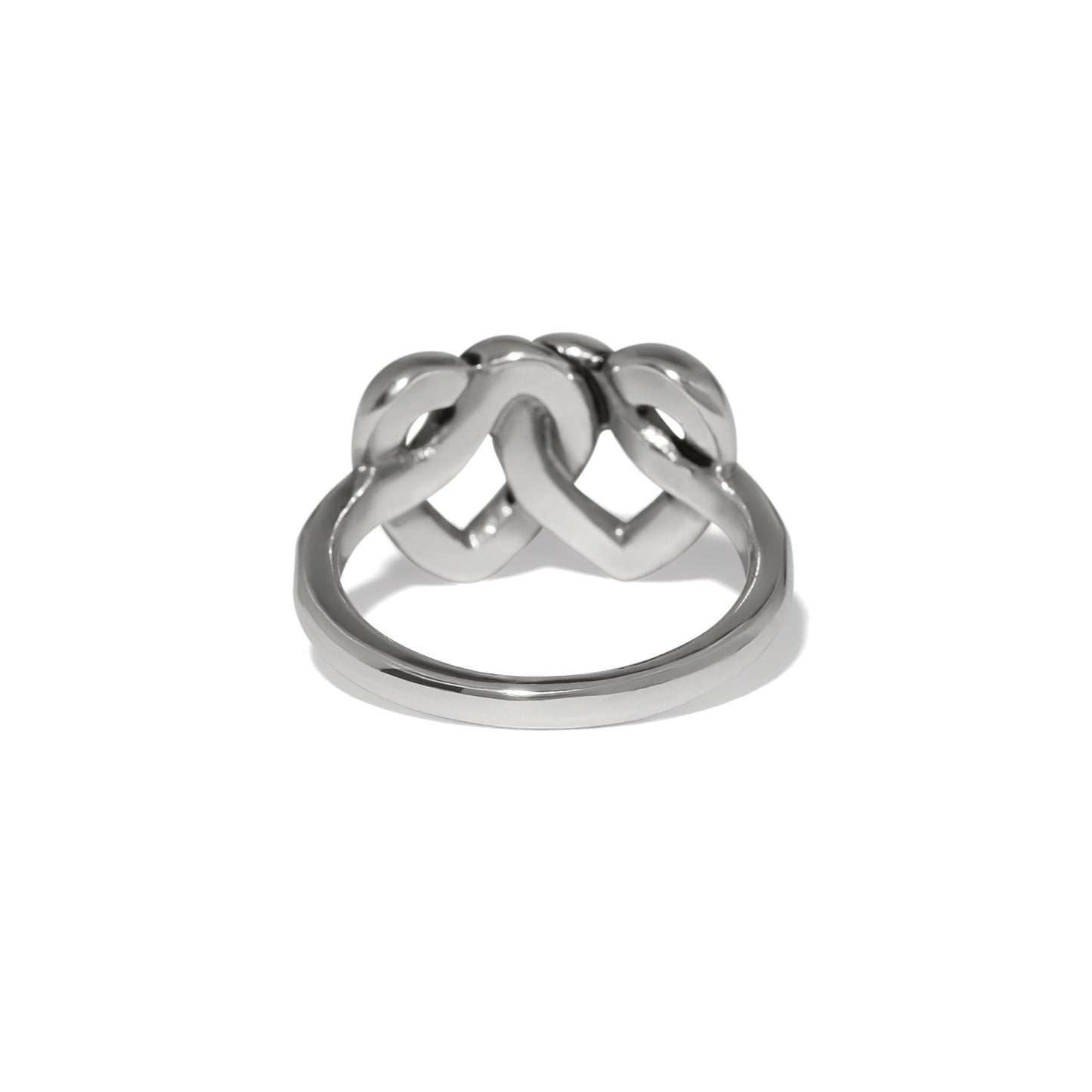 Brighton ring shown from the back with silver-plated interlocking loop design and polished band on a white background