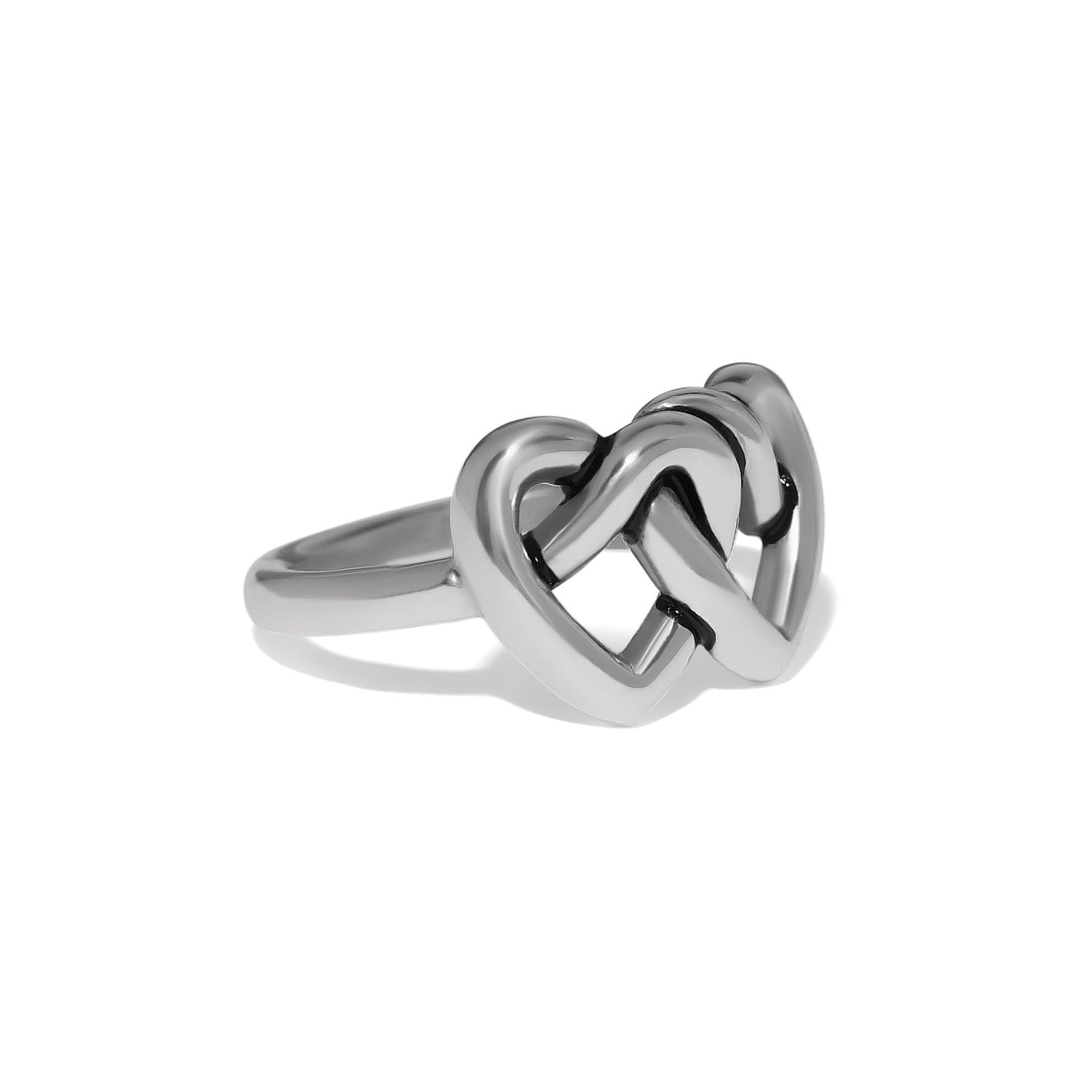 Brighton ring with silver-plated interlocking heart knot design and polished band on a white background