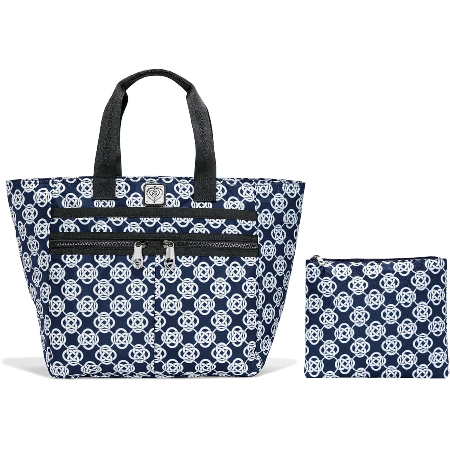 Brighton tote handbag with navy and white Celtic knot print, black handles, and matching zip pouch on a white background