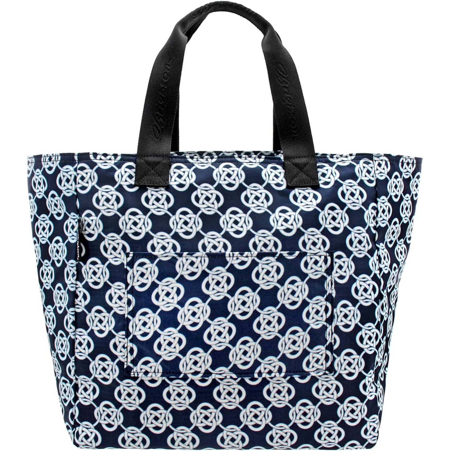 Brighton tote handbag with navy and white Celtic knot print, black woven handles, and front pocket on a white background