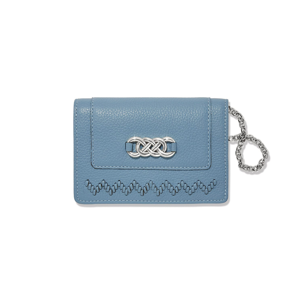 Brighton card case wallet in light blue leather with silver-tone knot clasp and chain loop on a white background