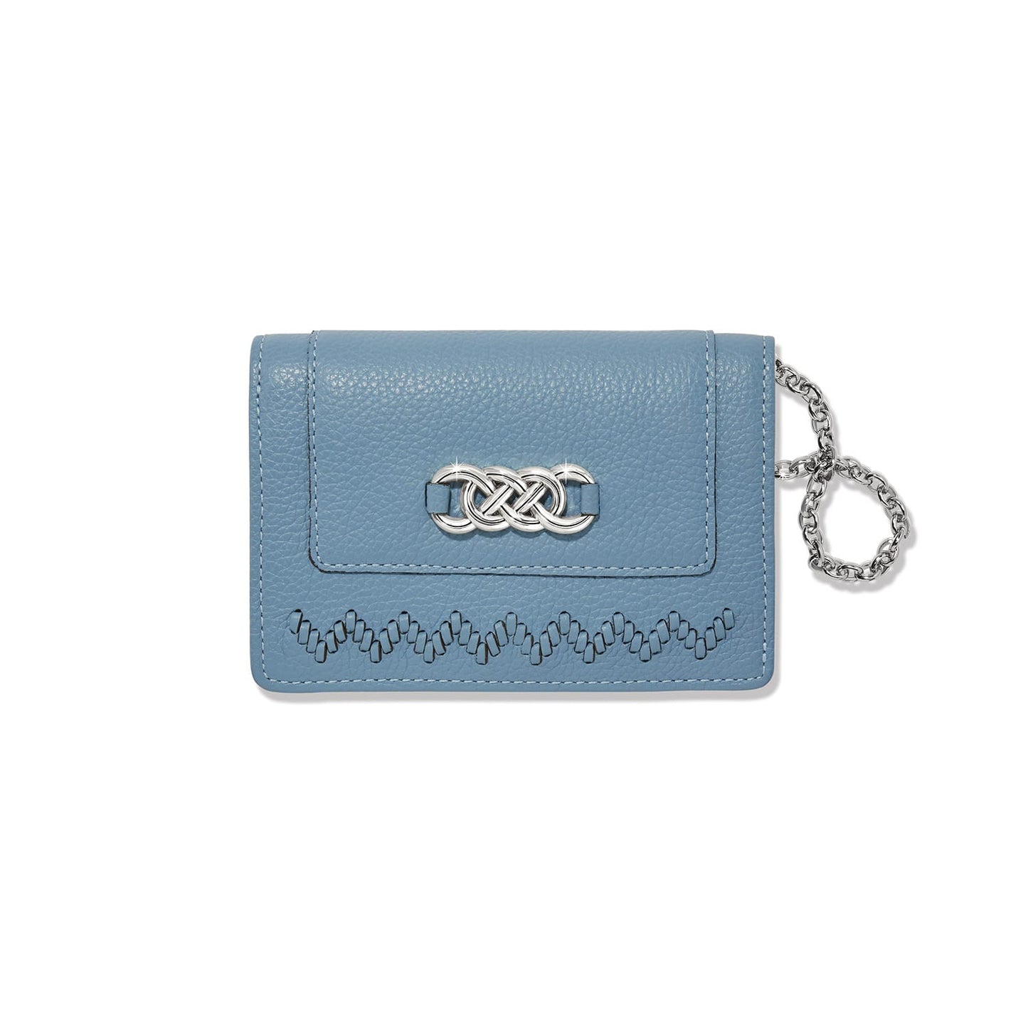 Brighton card case wallet in light blue leather with silver-tone knot clasp and chain loop on a white background