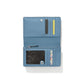 Brighton blue pebbled leather bifold wallet shown open with card slots, zippered pocket, and ID window on a white background