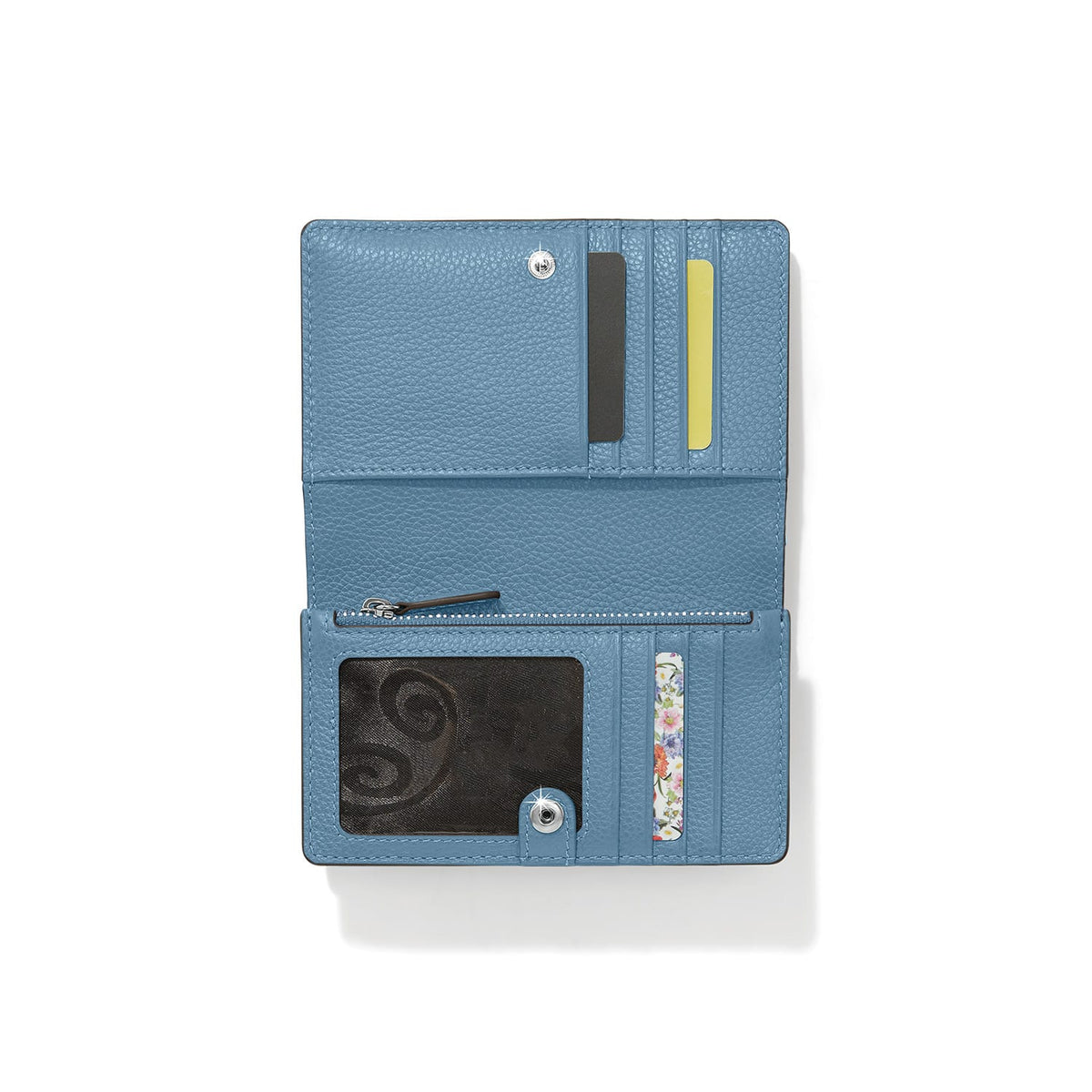 Brighton blue pebbled leather bifold wallet shown open with card slots, zippered pocket, and ID window on a white background