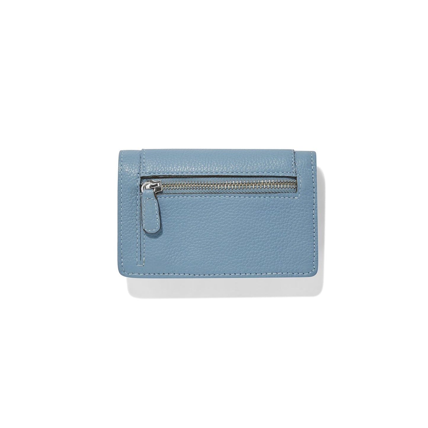 Brighton light blue pebbled leather wallet shown from the back with silver-tone zippered pocket on a white background