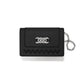 Brighton black leather wallet with silver-tone knot clasp, zigzag stitching, and chain wristlet on a white background