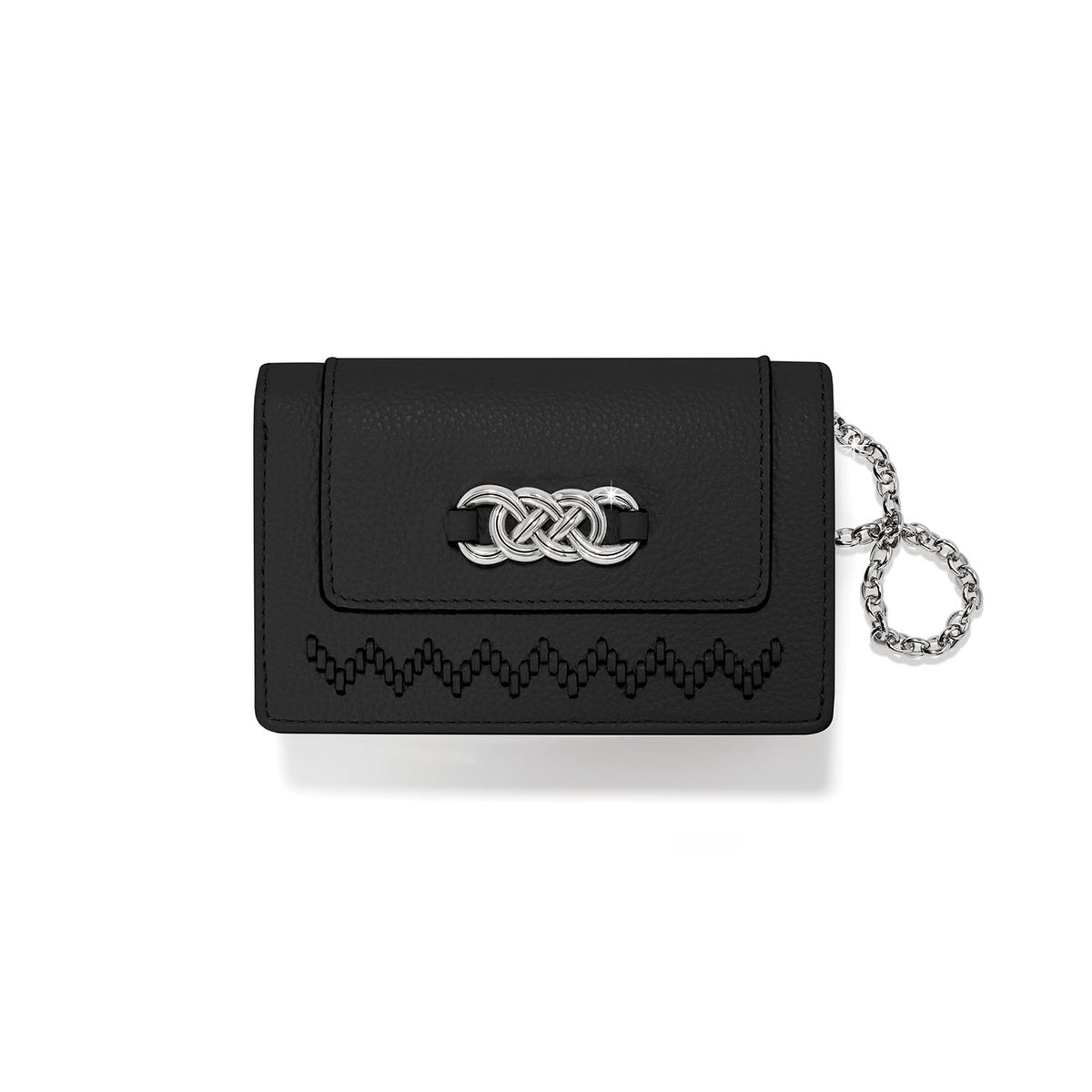 Brighton black leather wallet with silver-tone knot clasp, zigzag stitching, and chain wristlet on a white background