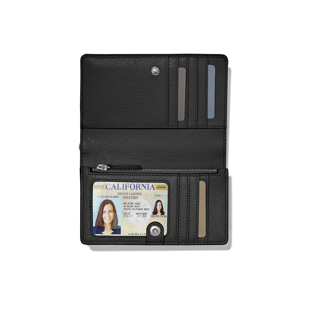 Brighton bifold wallet shown open with black pebbled leather, card slots, ID window, and zippered pocket on a white background