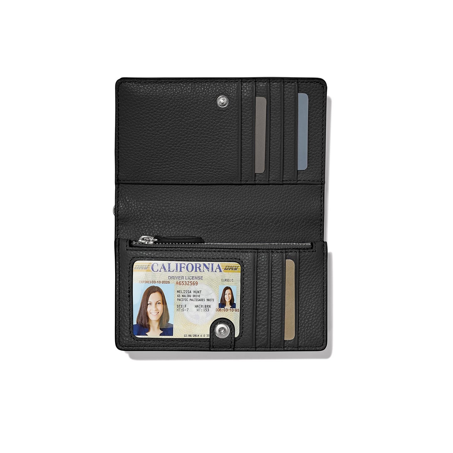Brighton bifold wallet shown open with black pebbled leather, card slots, ID window, and zippered pocket on a white background