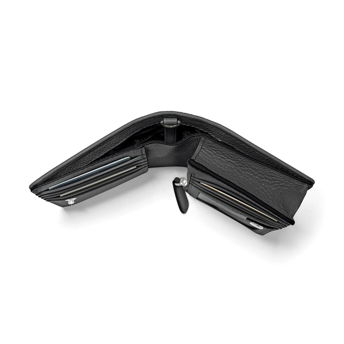 Brighton black leather wallet shown open from the side revealing card slots and interior compartments on a white background