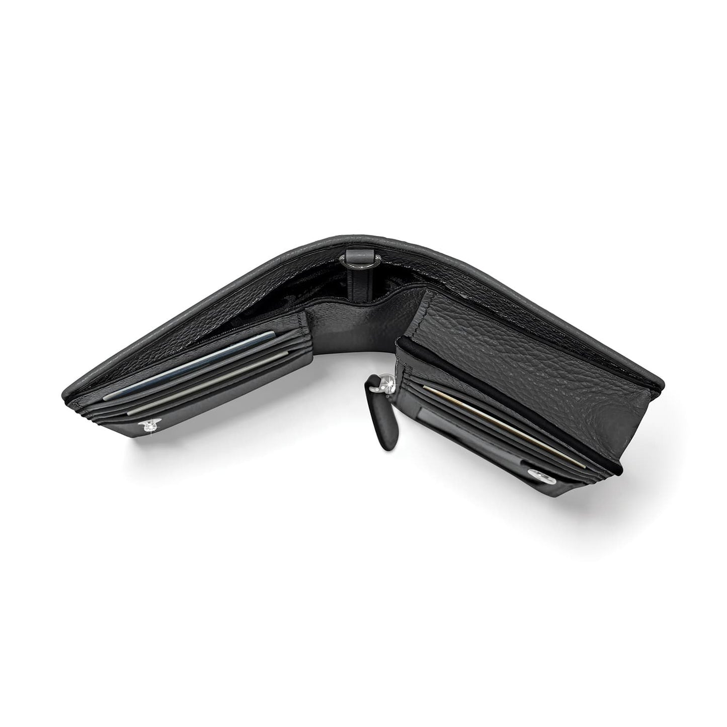 Brighton black leather wallet shown open from the side revealing card slots and interior compartments on a white background