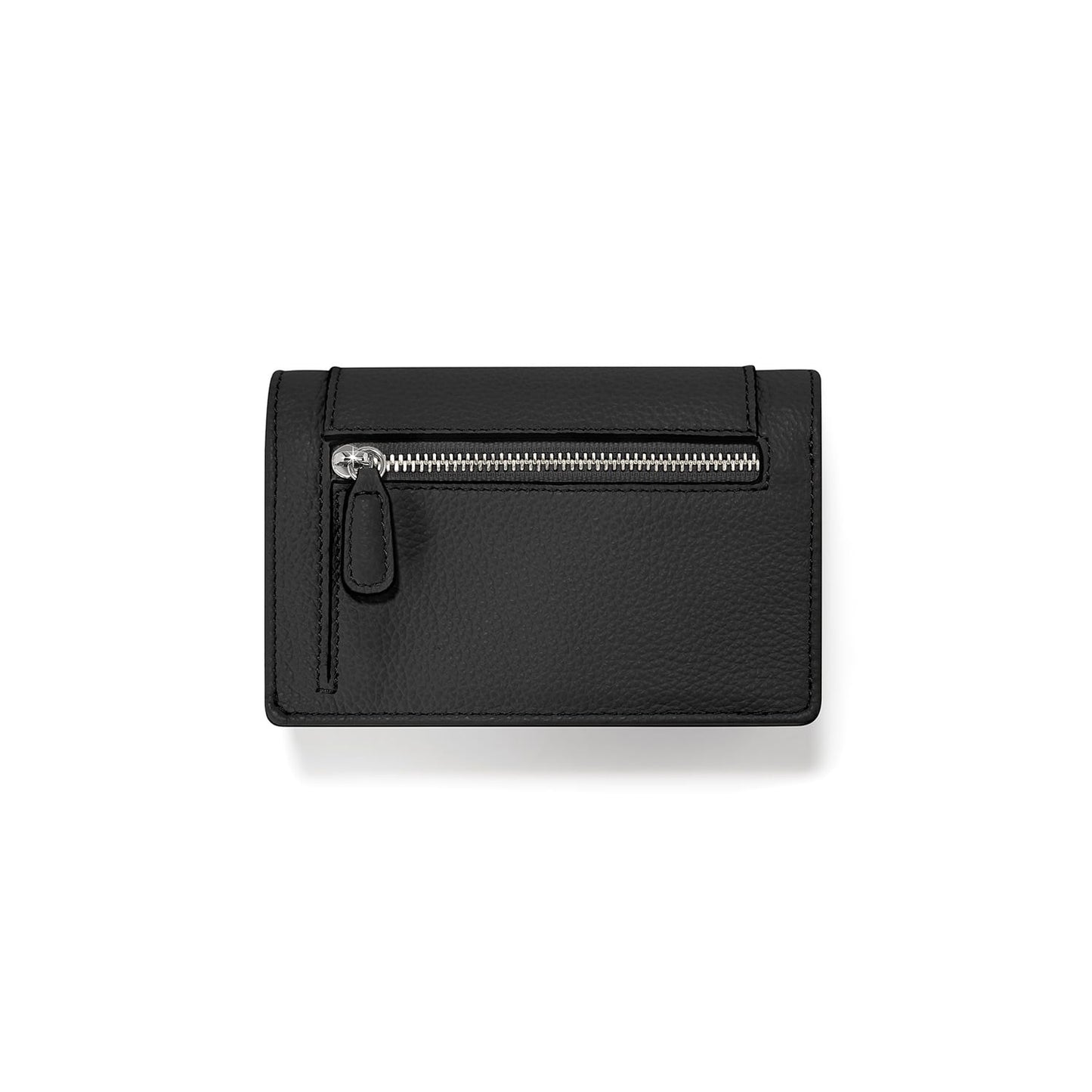 Brighton black leather wallet shown from the back with silver-tone zippered pocket and pebbled texture on a white background