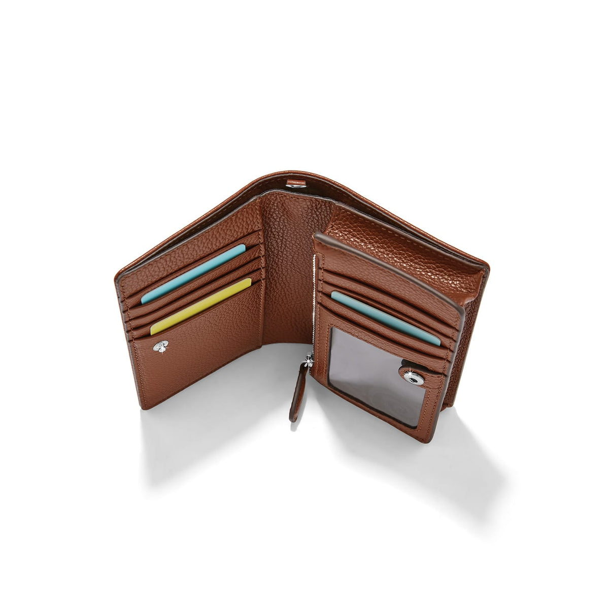 Brighton brown leather bifold wallet shown open with multiple card slots, ID window, and zippered pocket on a white background