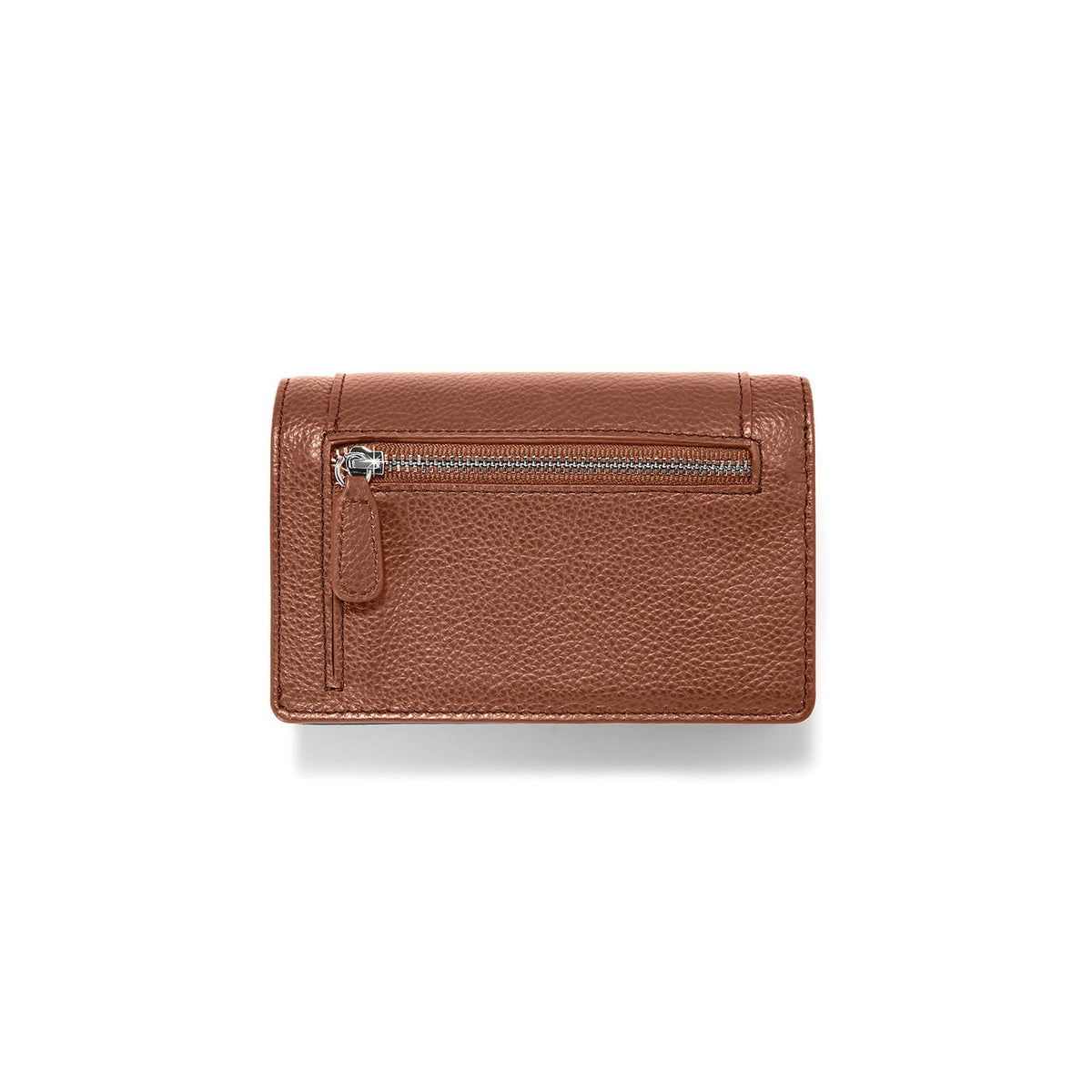 Brighton brown pebbled leather wallet shown from the back with zippered pocket and silver-tone hardware on a white background