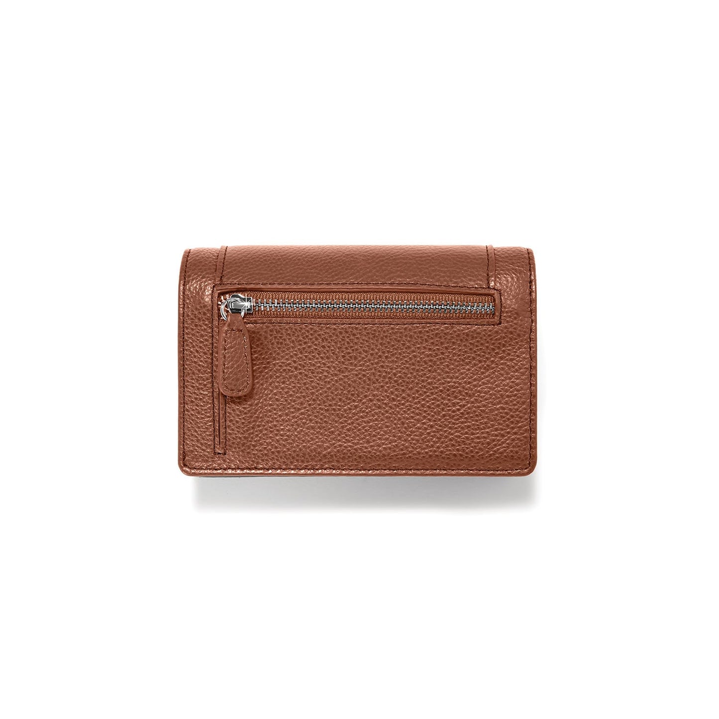Brighton brown pebbled leather wallet shown from the back with zippered pocket and silver-tone hardware on a white background