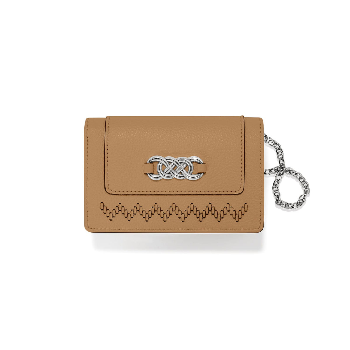 Brighton tan leather card case with silver-tone knot emblem, zigzag stitching, and chain wristlet on a white background
