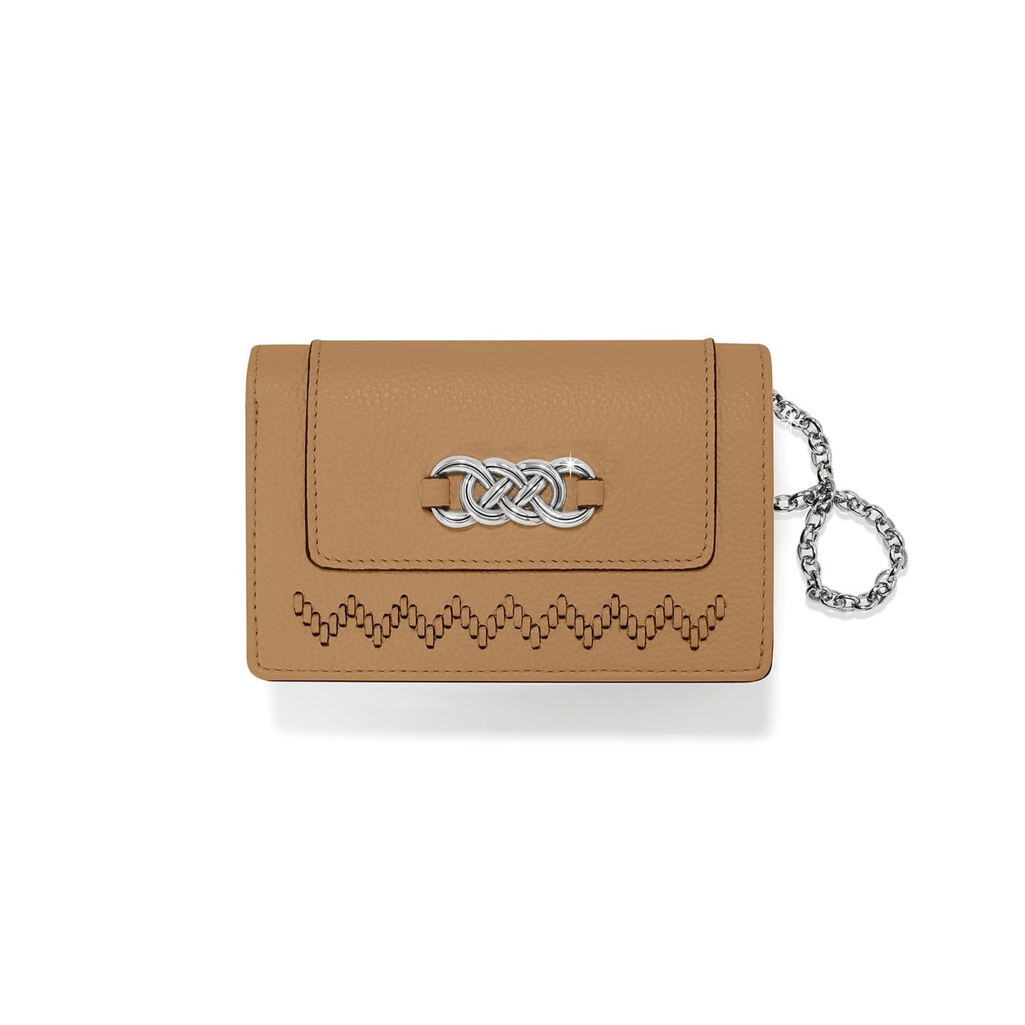 Brighton tan leather card case with silver-tone knot emblem, zigzag stitching, and chain wristlet on a white background