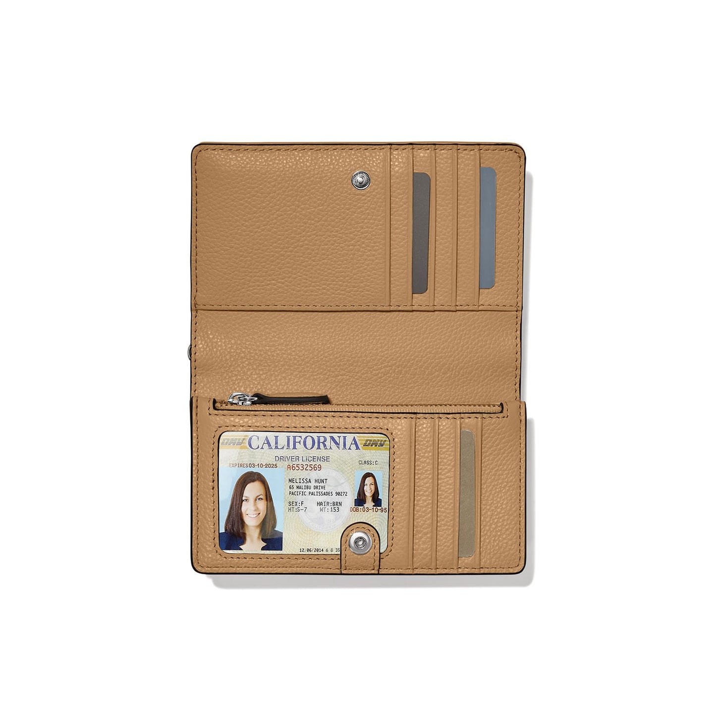 Brighton tan leather bifold wallet shown open with card slots, ID window, and zippered pocket on a white background