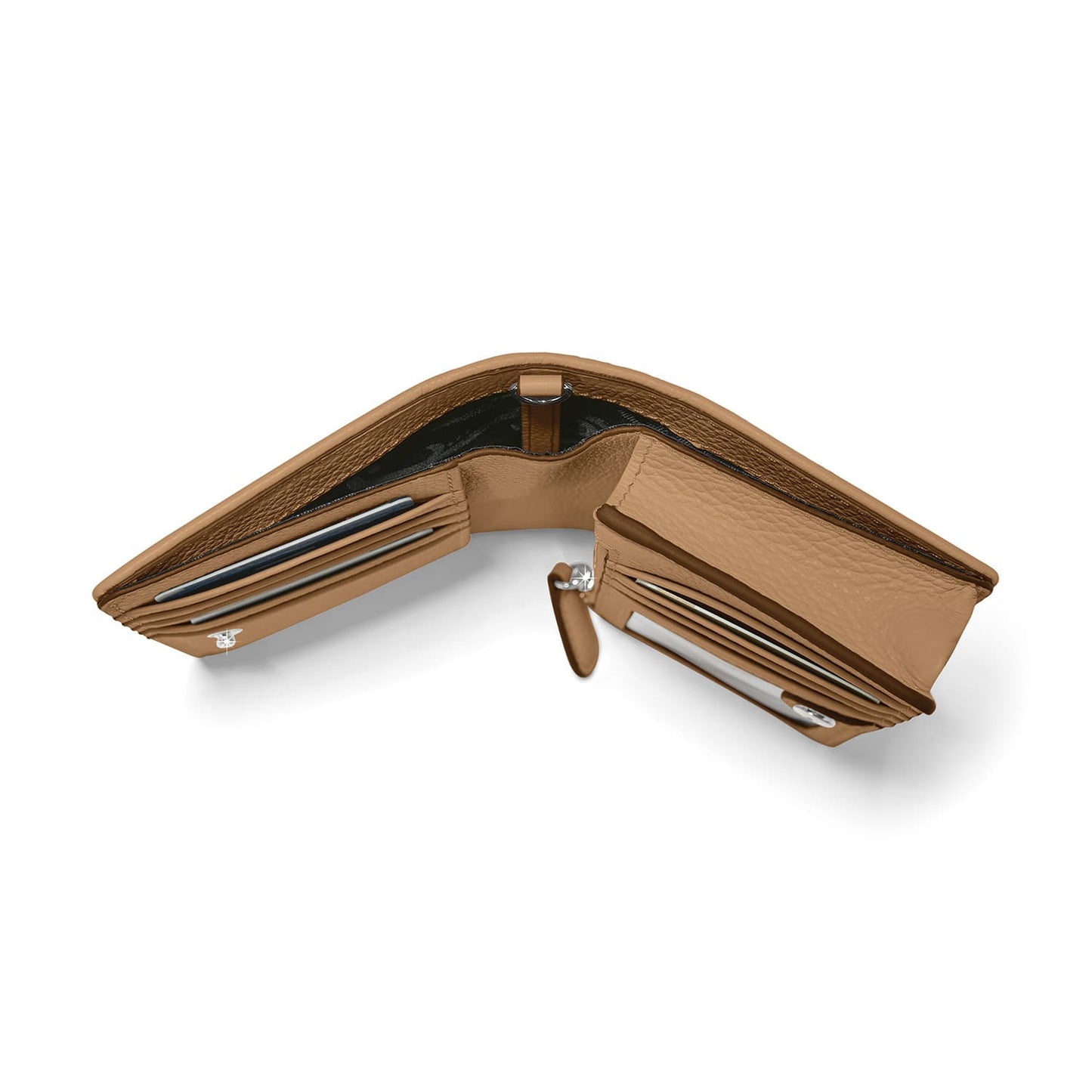 Brighton bifold wallet shown open with tan leather interior, multiple card slots, and center billfold on a white background