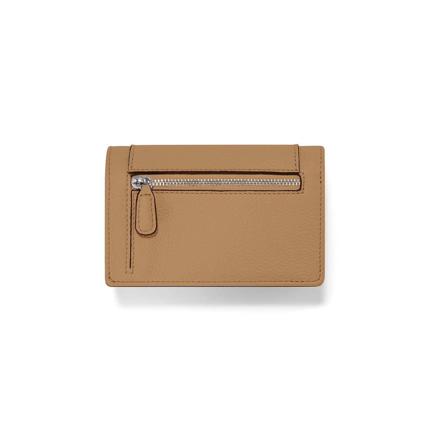 Brighton tan pebbled leather wallet shown from the back with silver-tone zippered pocket on a white background