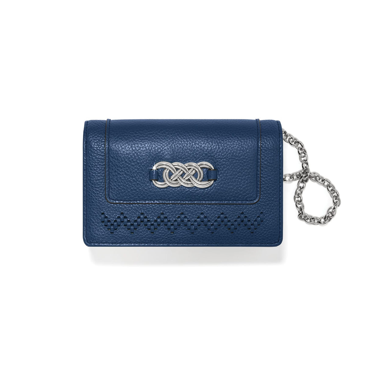 Brighton navy blue pebbled leather wallet with silver-tone interlocking knot emblem, woven detail, and chain wristlet on a white background