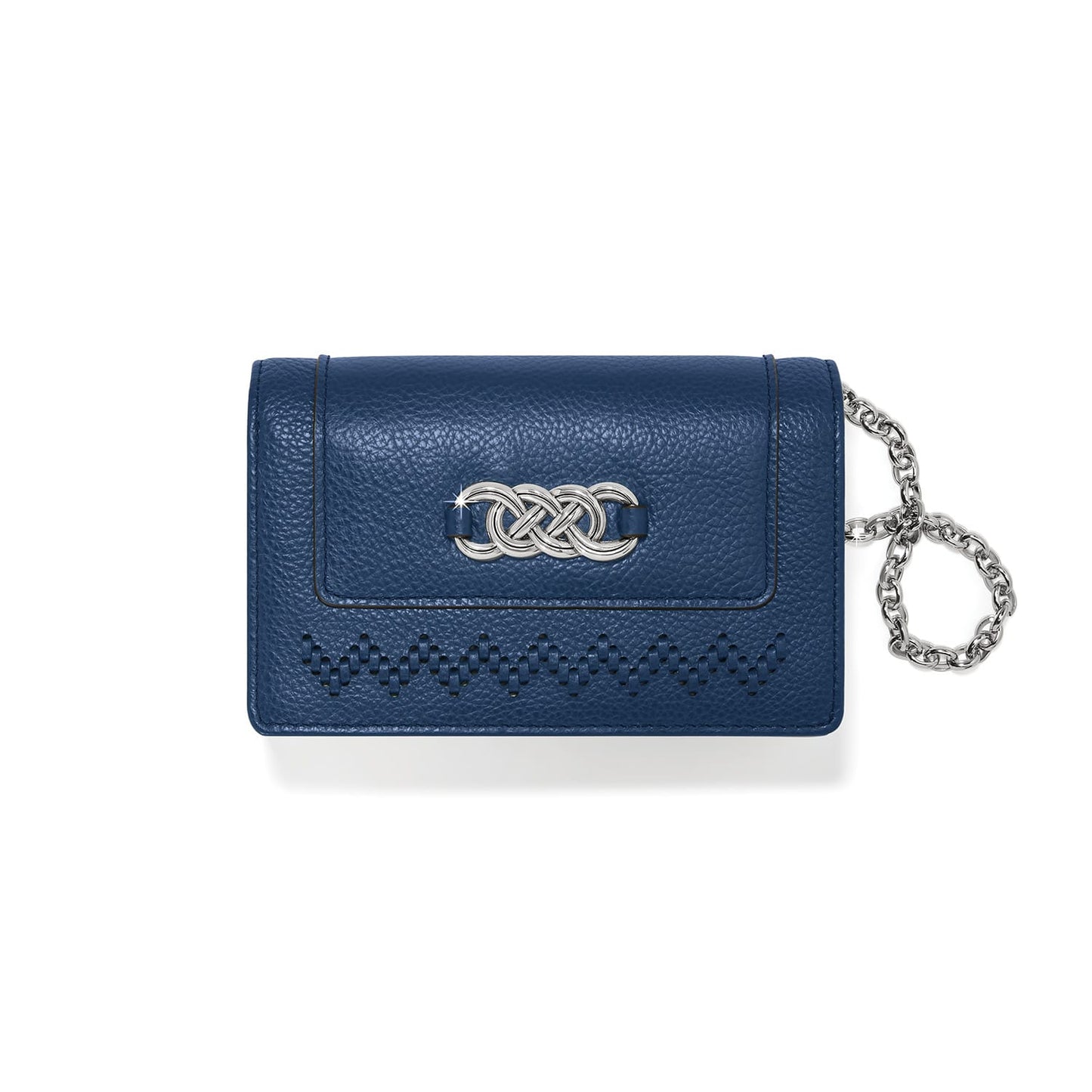 Brighton navy blue pebbled leather wallet with silver-tone interlocking knot emblem, woven detail, and chain wristlet on a white background