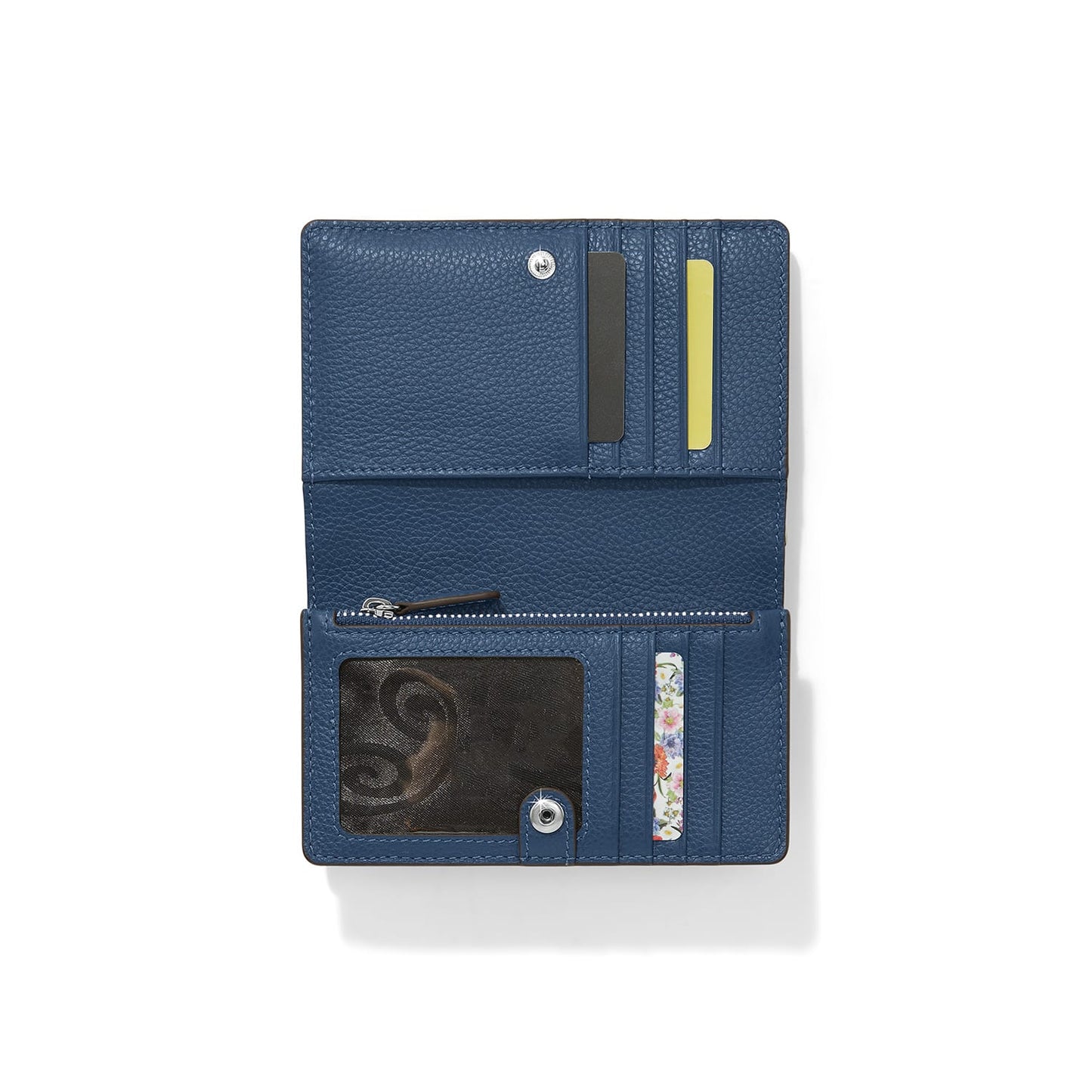 Brighton bifold wallet shown open in blue pebbled leather with card slots, zippered pocket, and ID window on a white background