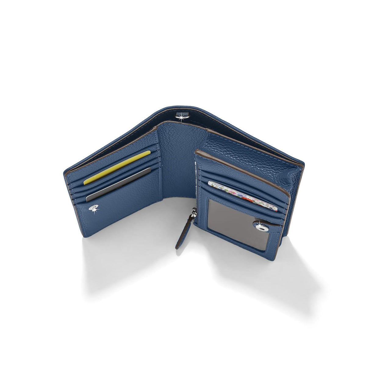 Brighton blue leather bifold wallet shown open with card slots, ID window, and zippered pocket on a white background