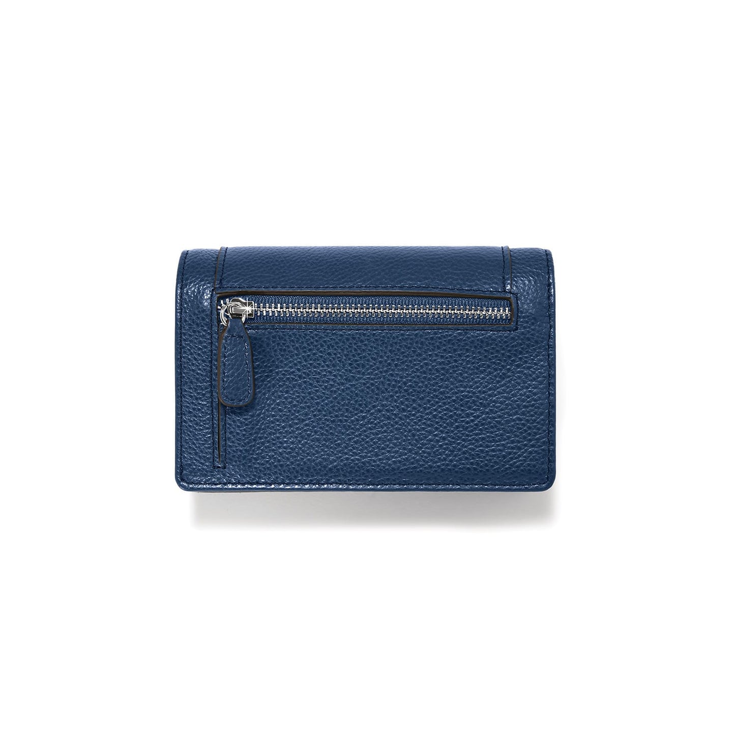 Brighton wallet shown from the back in navy pebbled leather with silver-tone zippered pocket on a white background
