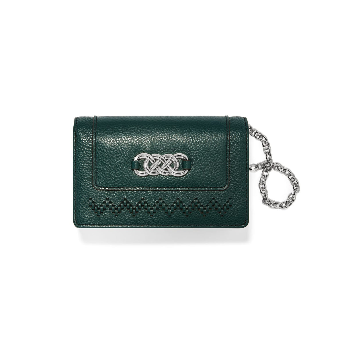 Brighton green pebbled leather wallet with silver-tone knot emblem, woven trim, and chain wristlet on a white background