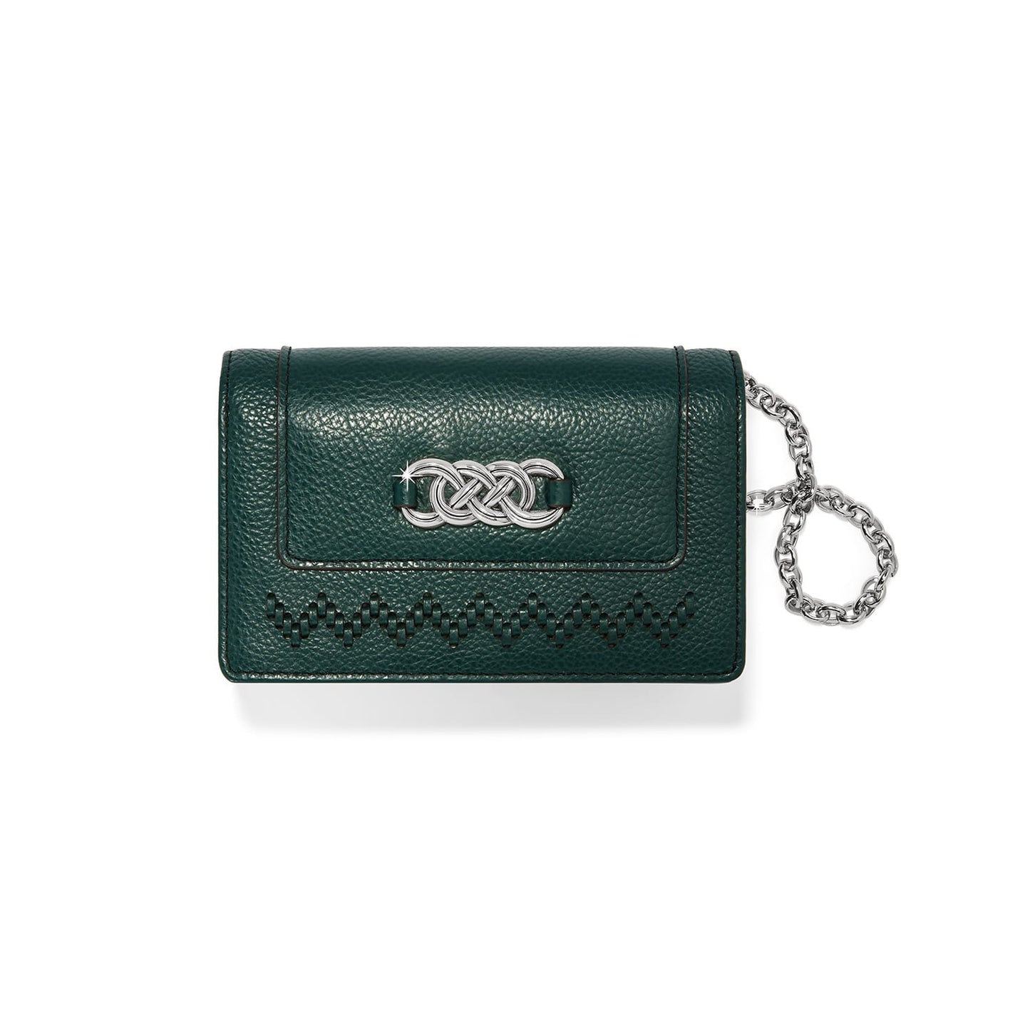 Brighton green pebbled leather wallet with silver-tone knot emblem, woven trim, and chain wristlet on a white background