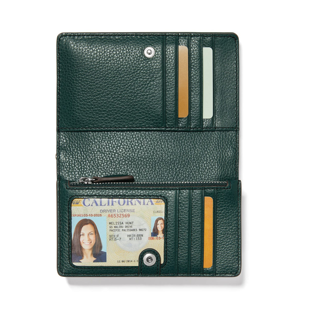 Brighton wallet shown open with green pebbled leather interior, card slots, zip pocket, and ID window on a white background