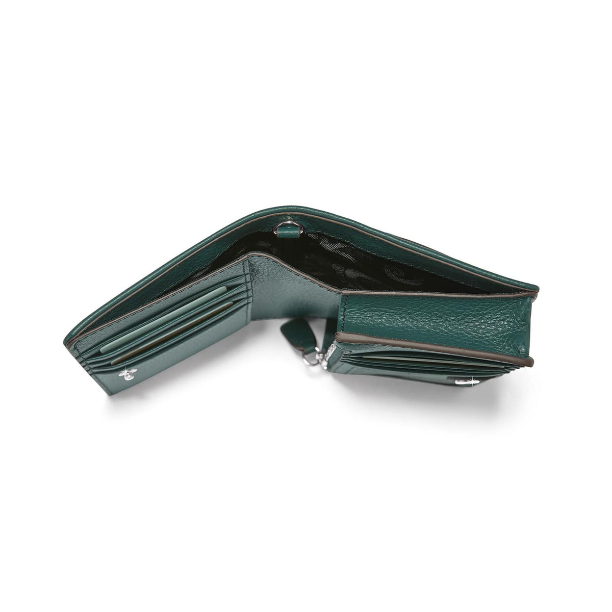 Brighton green leather wallet shown open with interior card slots and billfold compartments on a white background
