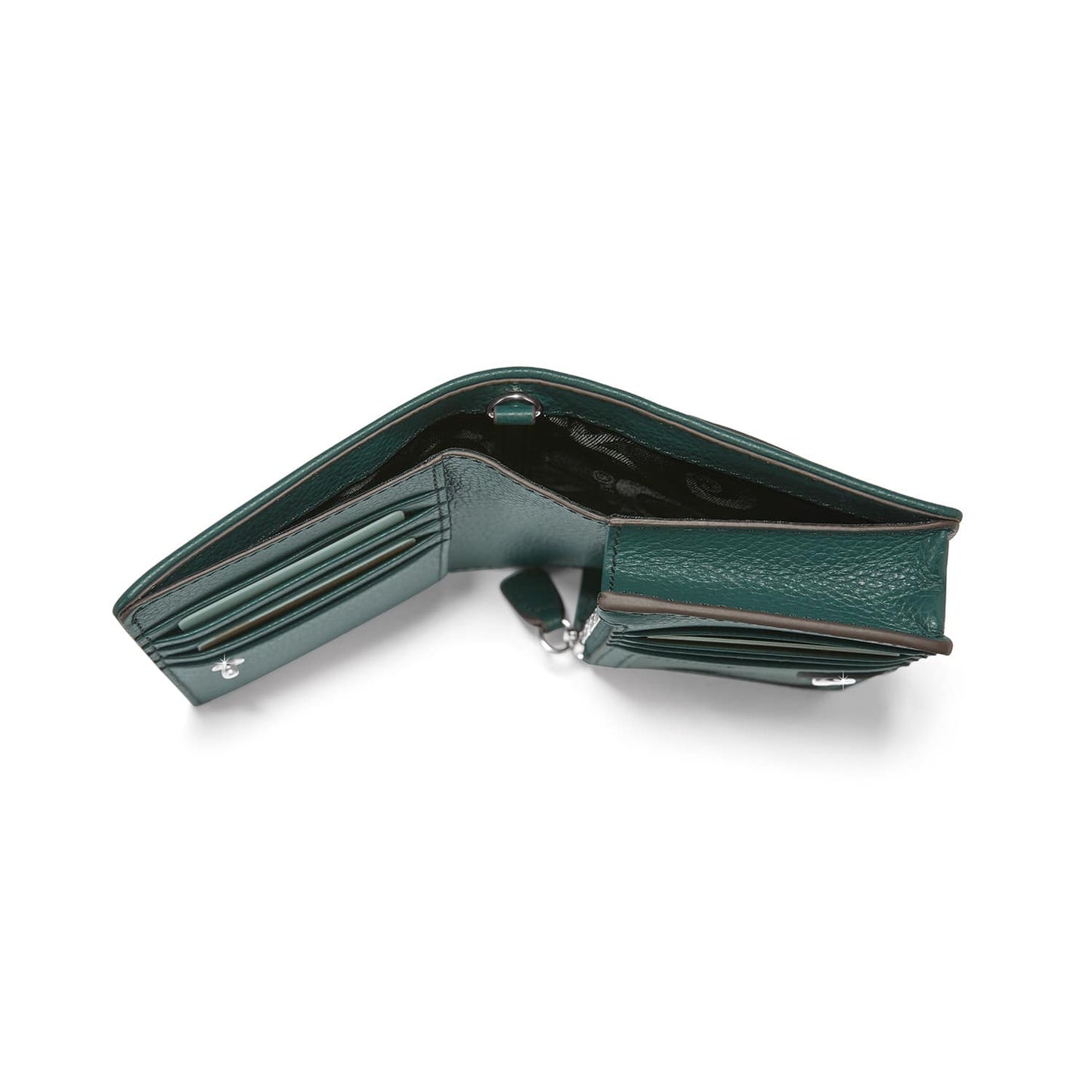 Brighton green leather wallet shown open with interior card slots and billfold compartments on a white background