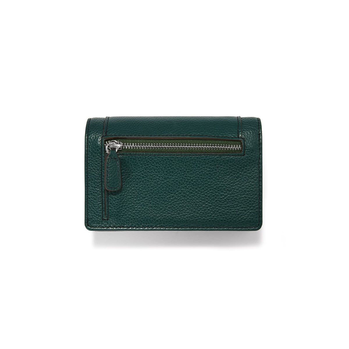 Brighton green pebbled leather wallet shown from the back with zippered pocket and silver-tone pull on a white background