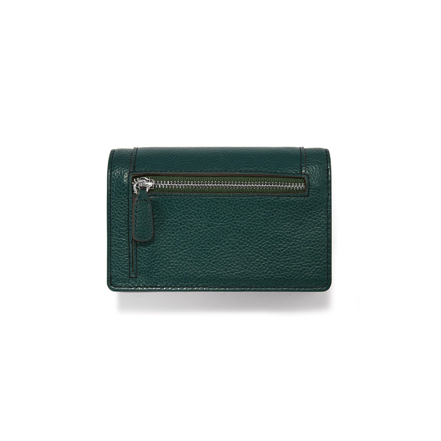 Brighton green pebbled leather wallet shown from the back with zippered pocket and silver-tone pull on a white background