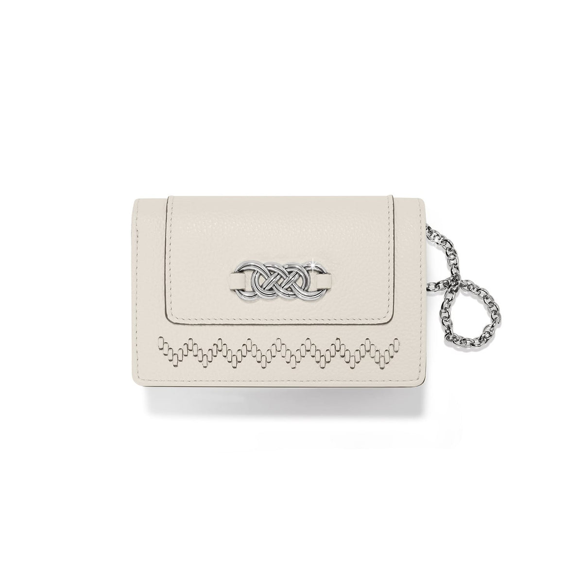 Brighton cream leather card case with silver-tone Celtic knot emblem, woven stitch detail, and chain loop on a white background