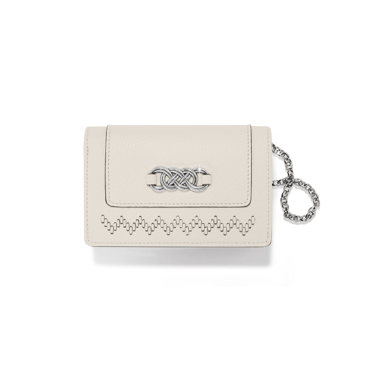 Brighton cream leather card case with silver-tone Celtic knot emblem, woven stitch detail, and chain loop on a white background