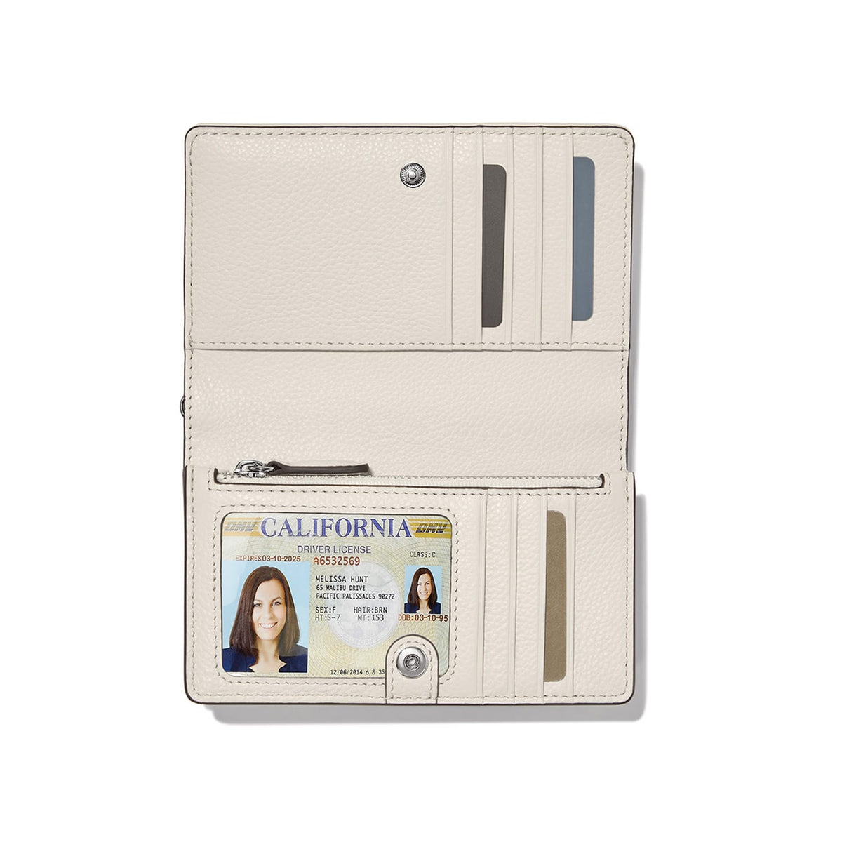 Brighton bifold wallet shown open with cream pebbled leather, card slots, ID window, and zip pocket on a white background