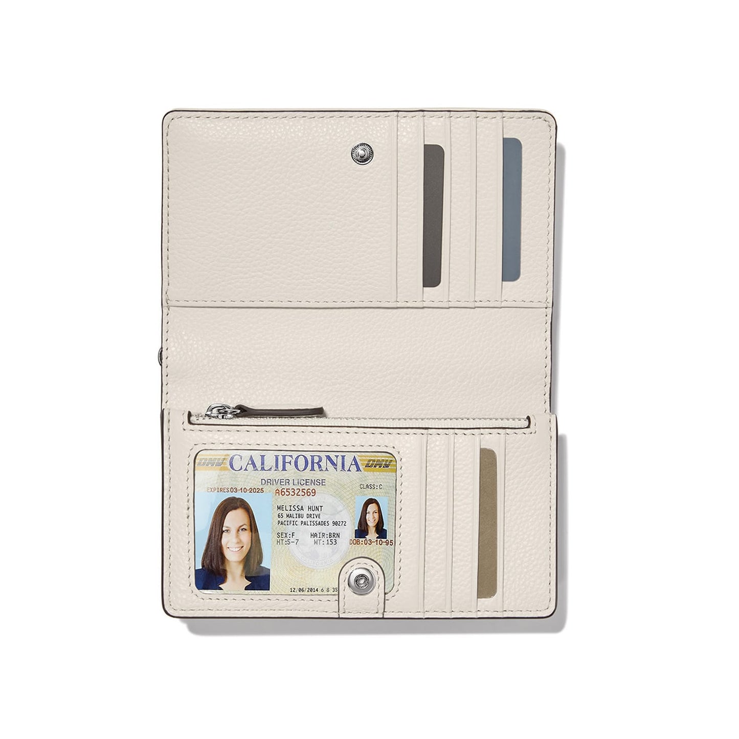 Brighton bifold wallet shown open with cream pebbled leather, card slots, ID window, and zip pocket on a white background