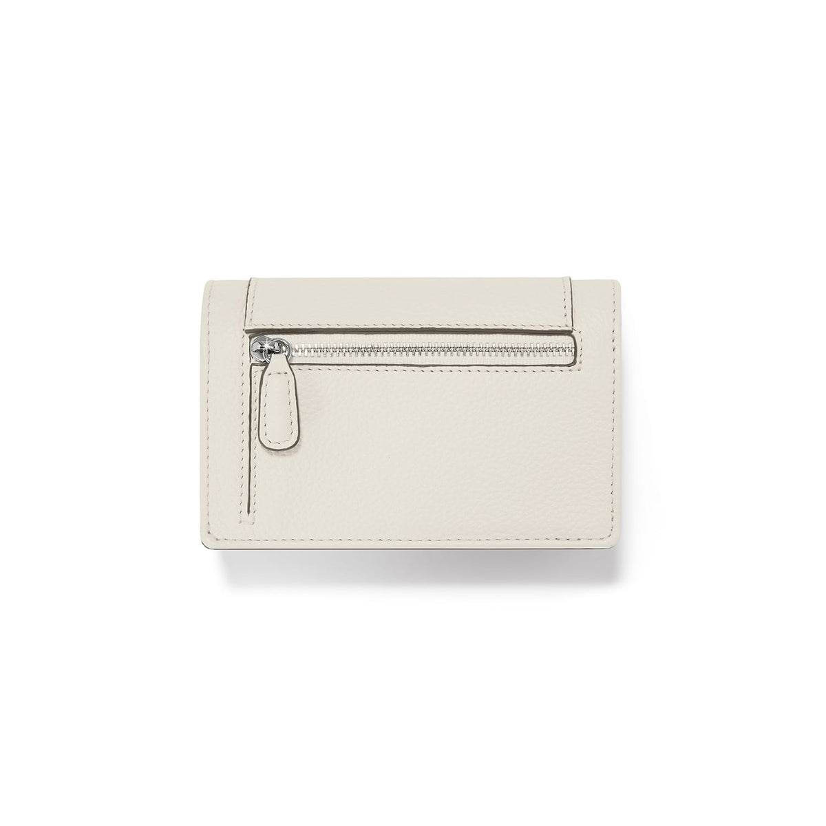 Brighton wallet shown from the back with cream pebbled leather and silver-tone zippered pocket on a white background