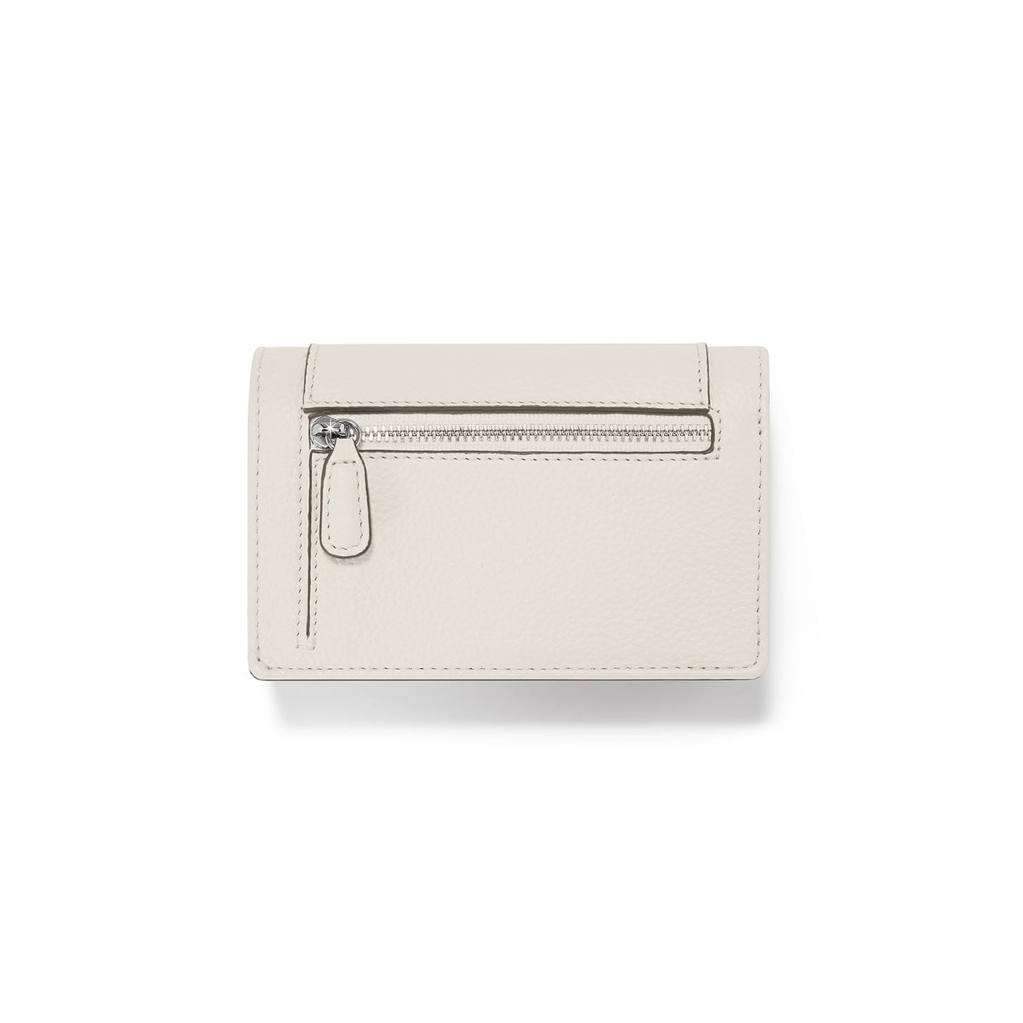 Brighton wallet shown from the back with cream pebbled leather and silver-tone zippered pocket on a white background