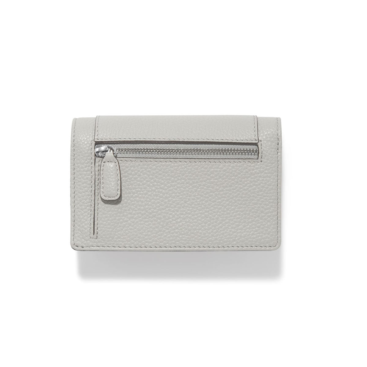 Brighton wallet shown from the back with pebbled gray leather and silver-tone zippered pocket on a white background