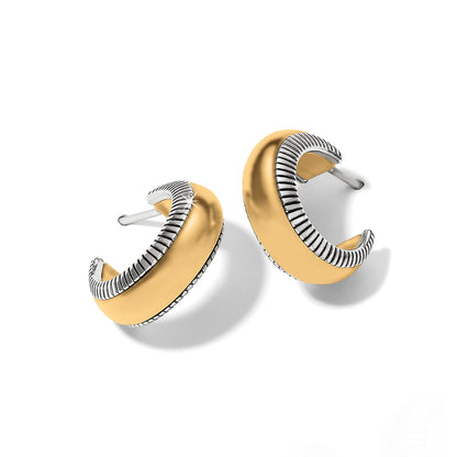 Brighton hoop earrings in two-tone finish with polished gold domes and ribbed silver-tone edges on a white background