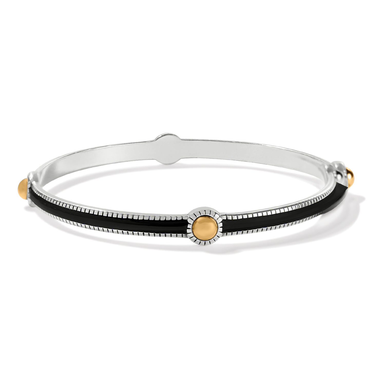 Brighton bangle bracelet with black enamel inlay, two-tone finish, and gold-tone dot accents on a white background
