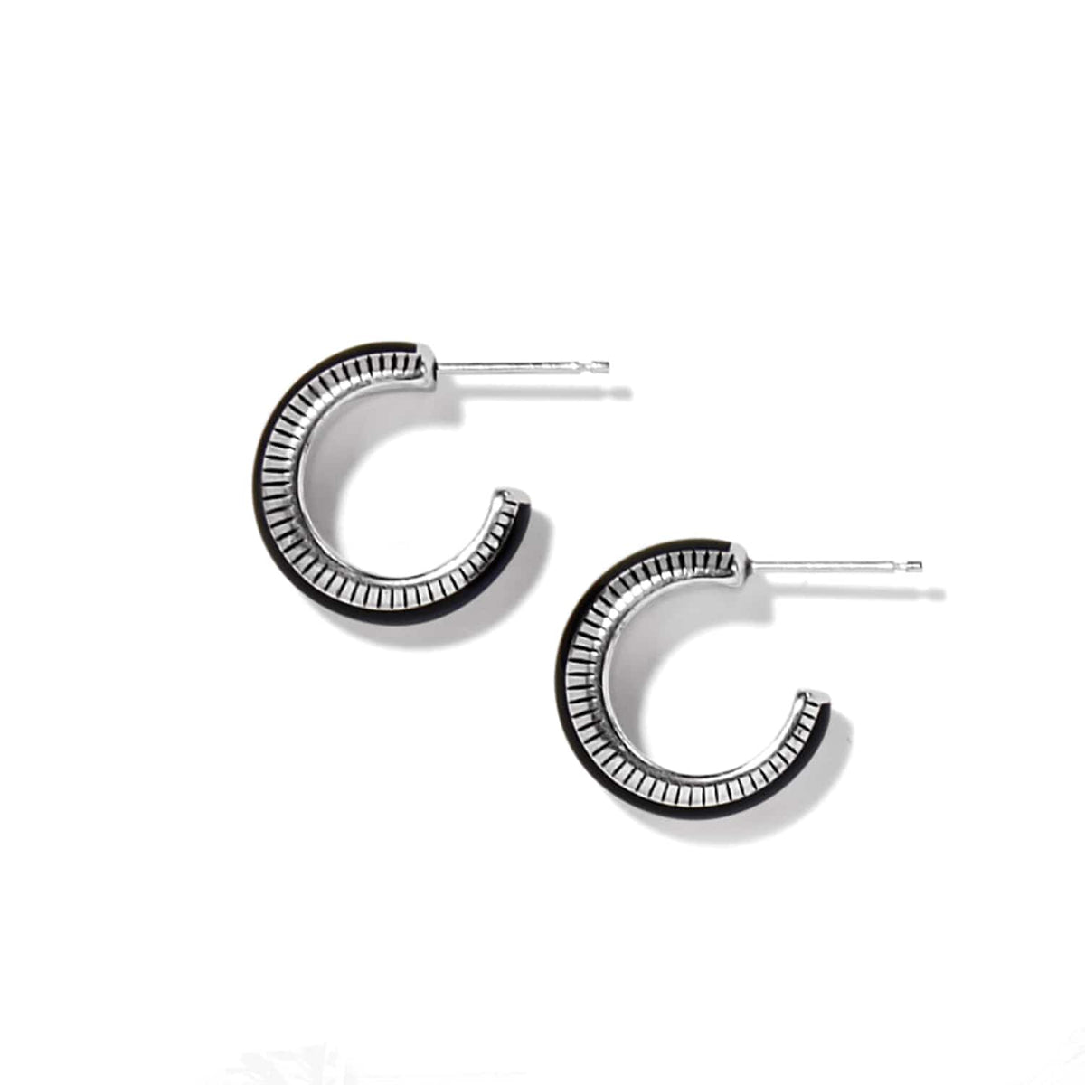 Brighton hoop earrings with silver-plated finish and black enamel edge detail on a white background