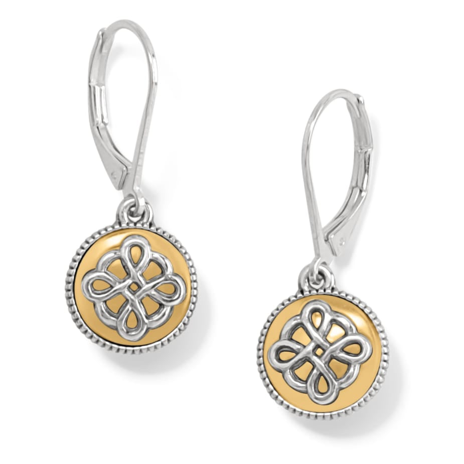 Brighton drop earrings with two-tone Celtic knot medallions and beaded silver-tone edges on a white background