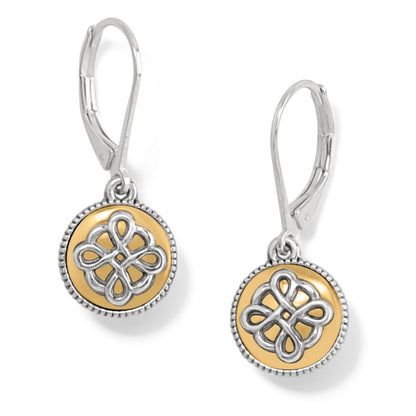 Brighton drop earrings with two-tone Celtic knot medallions and beaded silver-tone edges on a white background